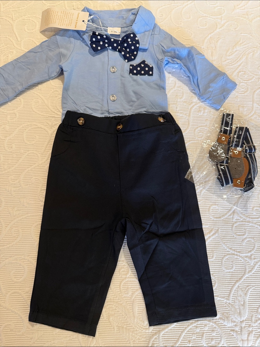 Little Gentleman's Navy Pants & Shirt Set with Polka Dot Bow suspenders NEW 0-3